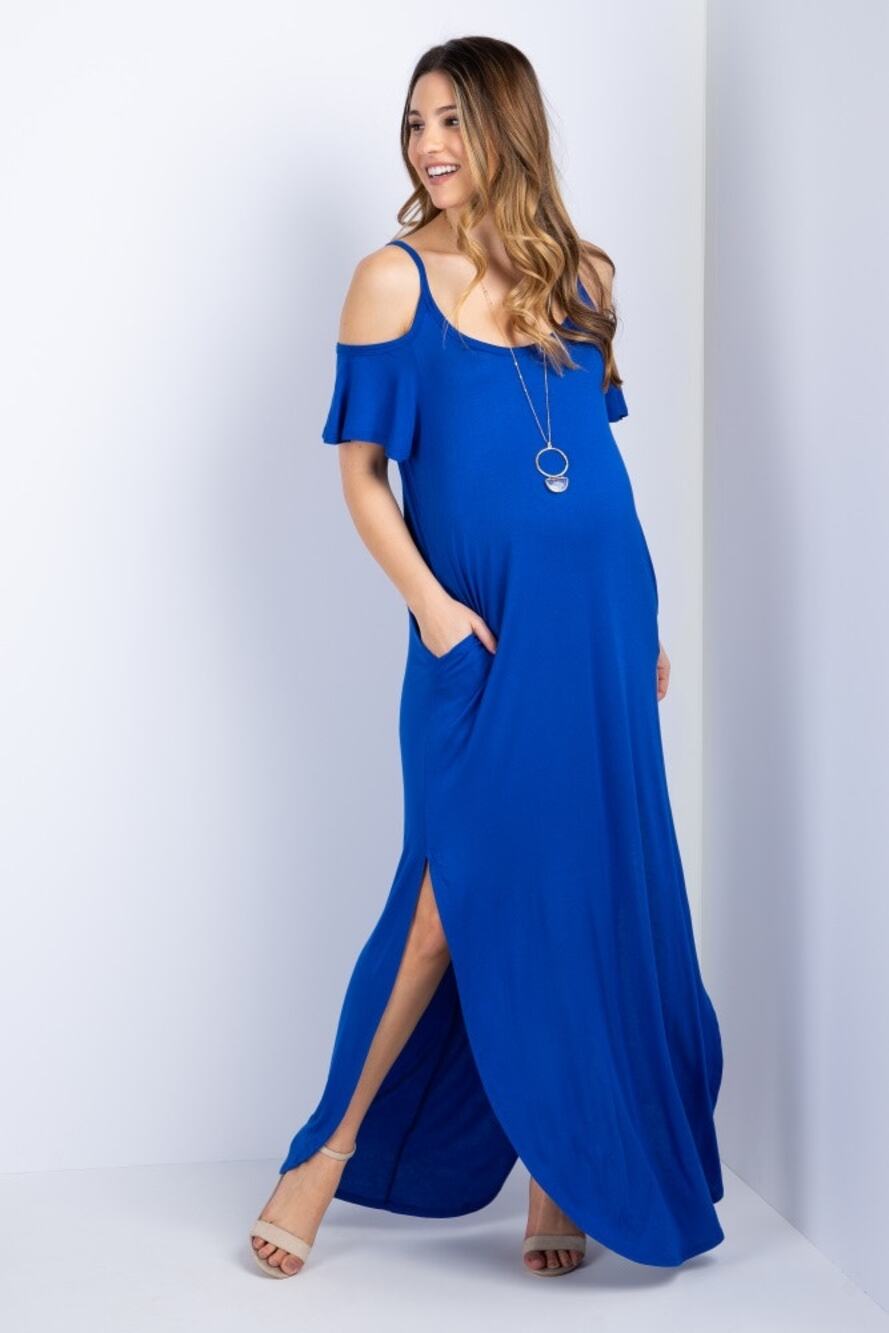 Pinkblush Maternity Royal Blue Cold Shoulder Maxi Dress Pockets Size Large